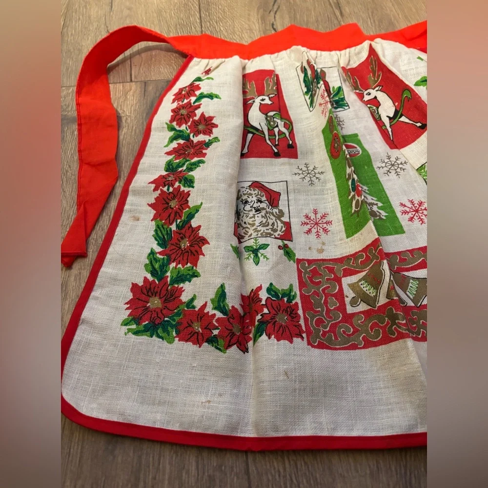 Vintage Linen Festive Red and White Apron Skirt Baking Holiday Christmas